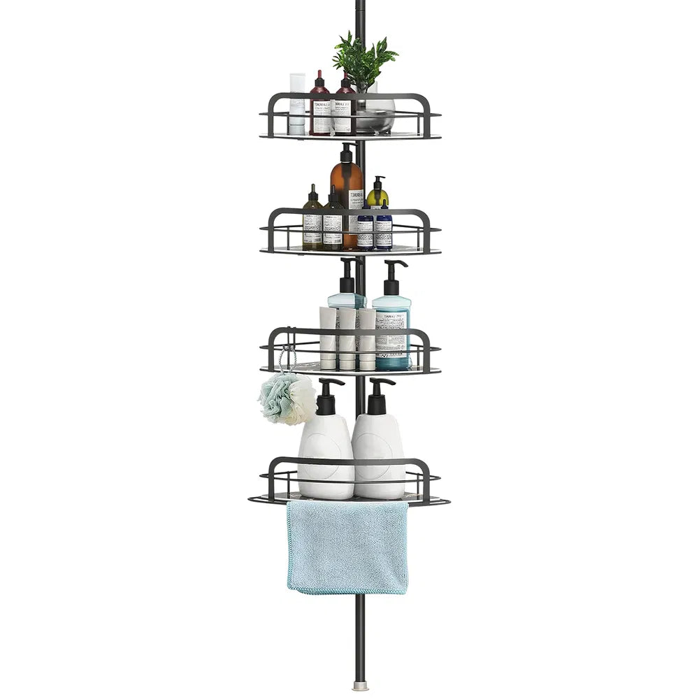 Corner Shower Caddy With Tension Pole, 4 Adjustable Shelves, Towel Bar and 2 Hooks, Black, 8.66-116.14 In