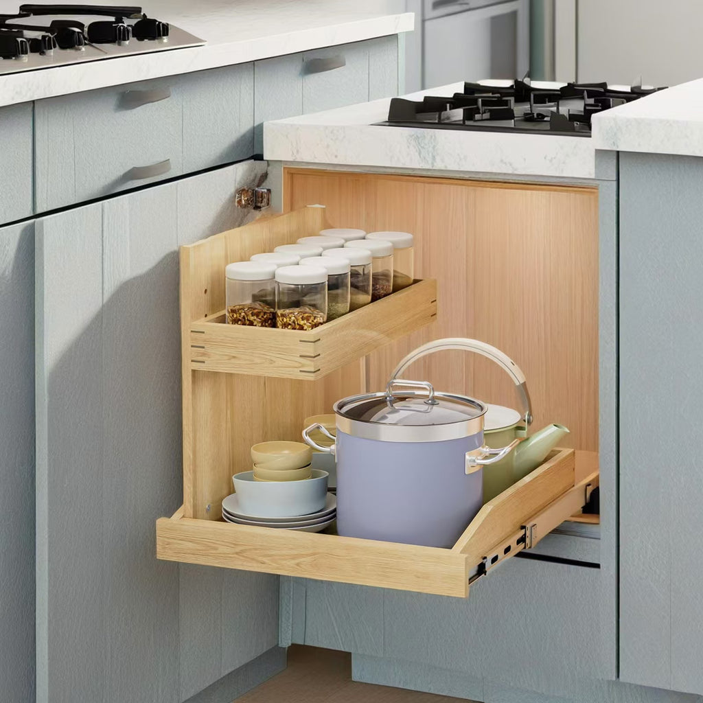 Under Sink Organizer, 2 Tier Wood Pull Out Cabinet Shelf With U Bracket, 22-1/2" W x 21" D, Left Opening, Kitchen and Bathroom