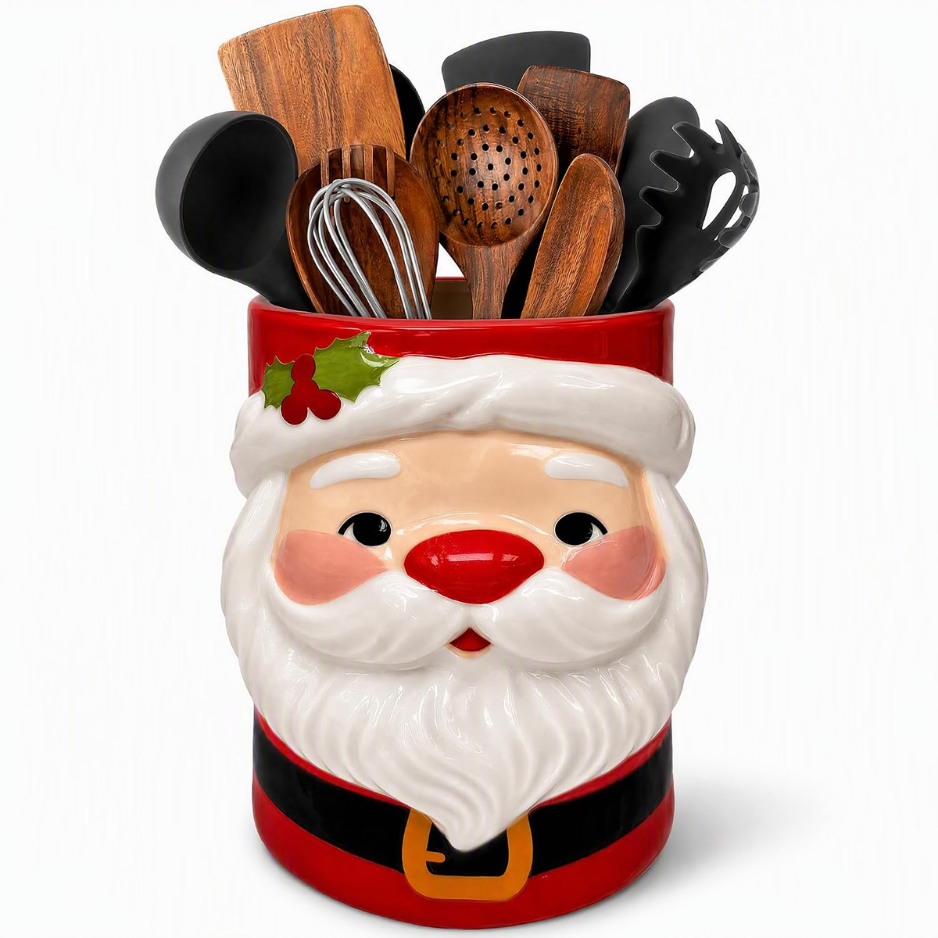 Santa Ceramic Utensil Holder, Red Christmas Kitchen Countertop Crock for Cooking and Baking Tools