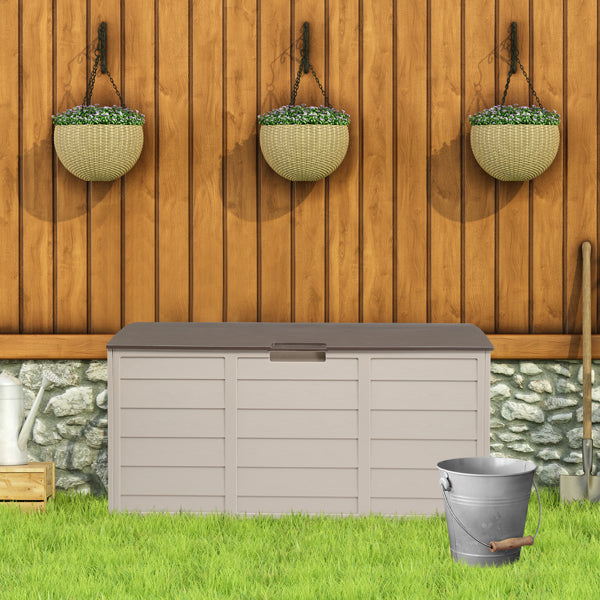 Outdoor Storage Box With Wheels, 75 Gallon Brown Plastic Deck Box for Patio, Garden, and Garage, 44 x 21.3 x 19.3 Inches