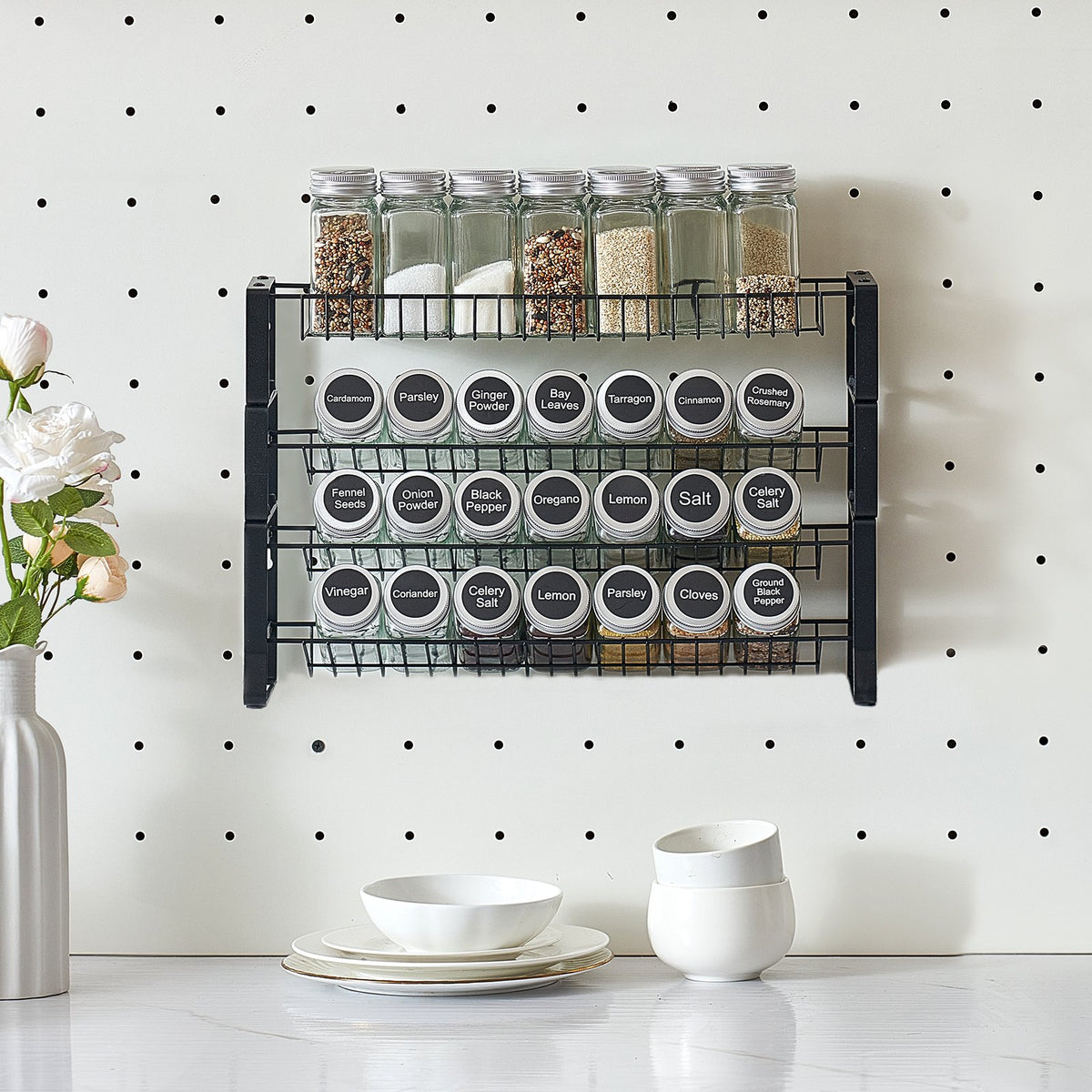Spice Rack Organizer, Black Metal 4-Tier Wall Mount or Countertop Seasoning Shelf, 18 x 11 In