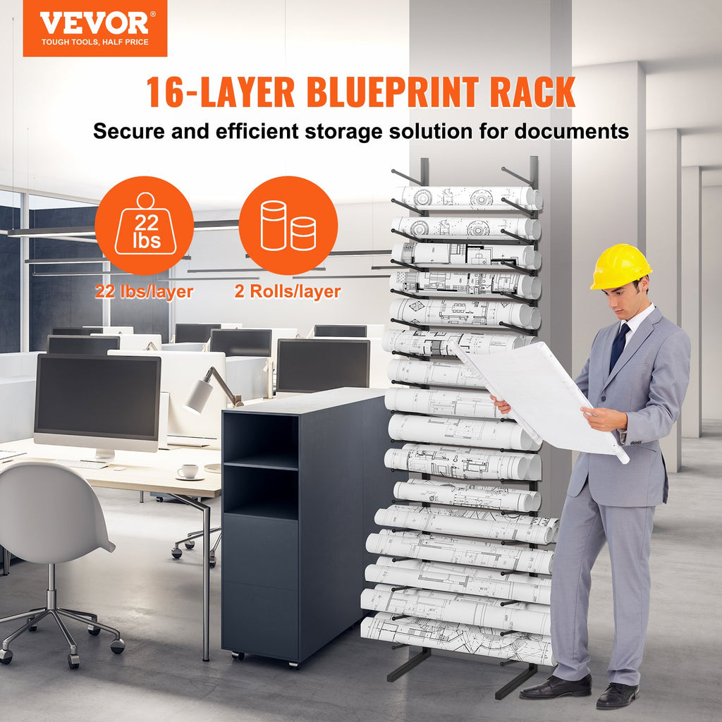 Blueprint Storage Rack, 16-Tier Black Metal Poster and Roll File Holder, Wall-Mounted or Freestanding Plan Rack for Office