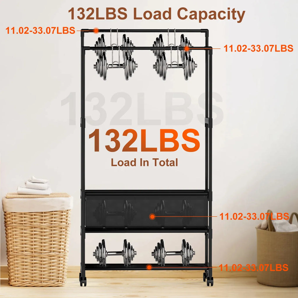 Rolling Garment Rack With Double Hanging Rods, Storage Bag and Shoe Shelf, Black Iron 3-Tier Clothes Rack for Bedroom and Entryway