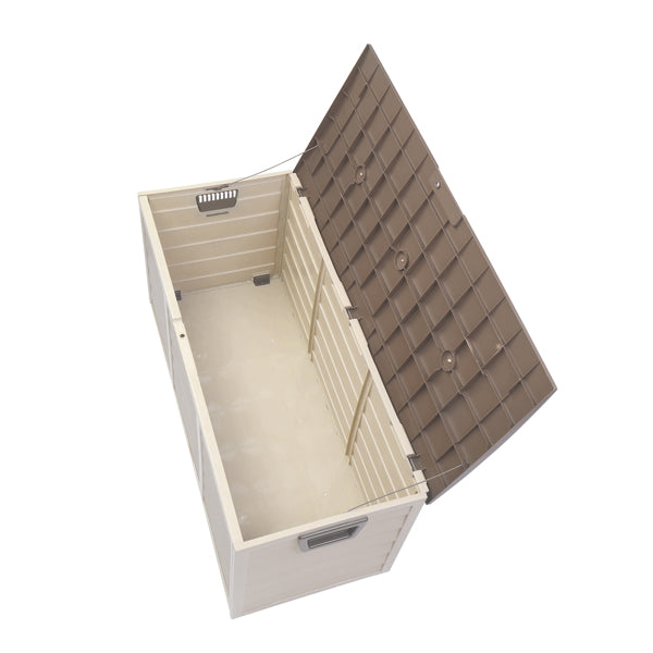 Outdoor Storage Box With Wheels, 75 Gallon Brown Plastic Deck Box for Patio, Garden, and Garage, 44 x 21.3 x 19.3 Inches