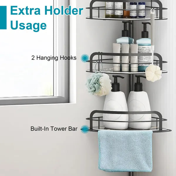 Corner Shower Caddy With Tension Pole, 4 Adjustable Shelves, Towel Bar and 2 Hooks, Black, 8.66-116.14 In