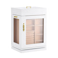 Rotating Jewelry Box Organizer, White MDF Case With Magnetic Doors, Acrylic Windows, 4 Necklace Hooks and Flannel Lining