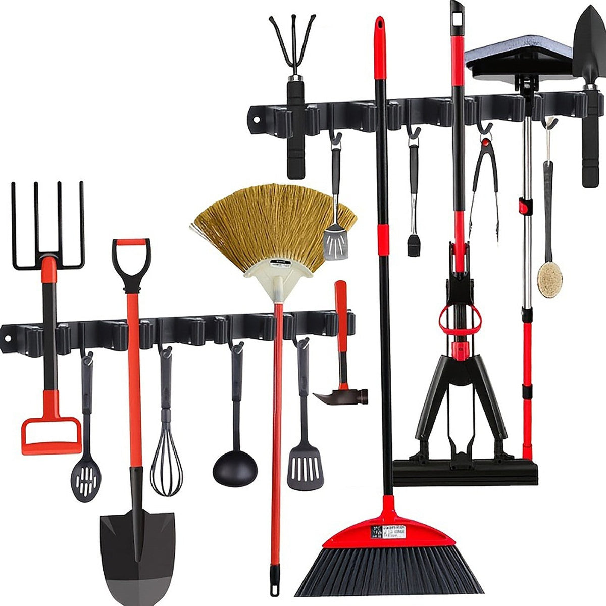 Broom and Mop Holder Wall Mount, Black Stainless Steel Garage Tool Organizer with 5 Slots and 4 Hooks, 17 Inch