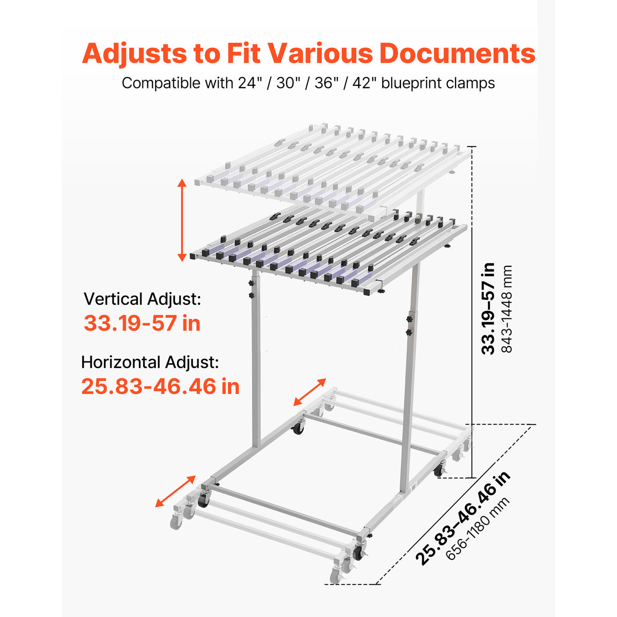 Mobile Blueprint Storage Rack, Steel Vertical Drawing Holder Stand With Wheels, Adjustable File Organizer for Construction Plans and Posters, Clamps