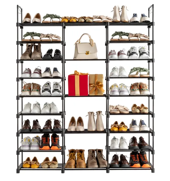 9 Tier Shoe Rack Storage Organizer, Black Metal and Plastic Shoe Shelf for Entryway and Closet, Holds 50-55 Pairs, 2 Hooks