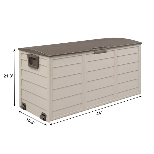 Outdoor Storage Box With Wheels, 75 Gallon Brown Plastic Deck Box for Patio, Garden, and Garage, 44 x 21.3 x 19.3 Inches