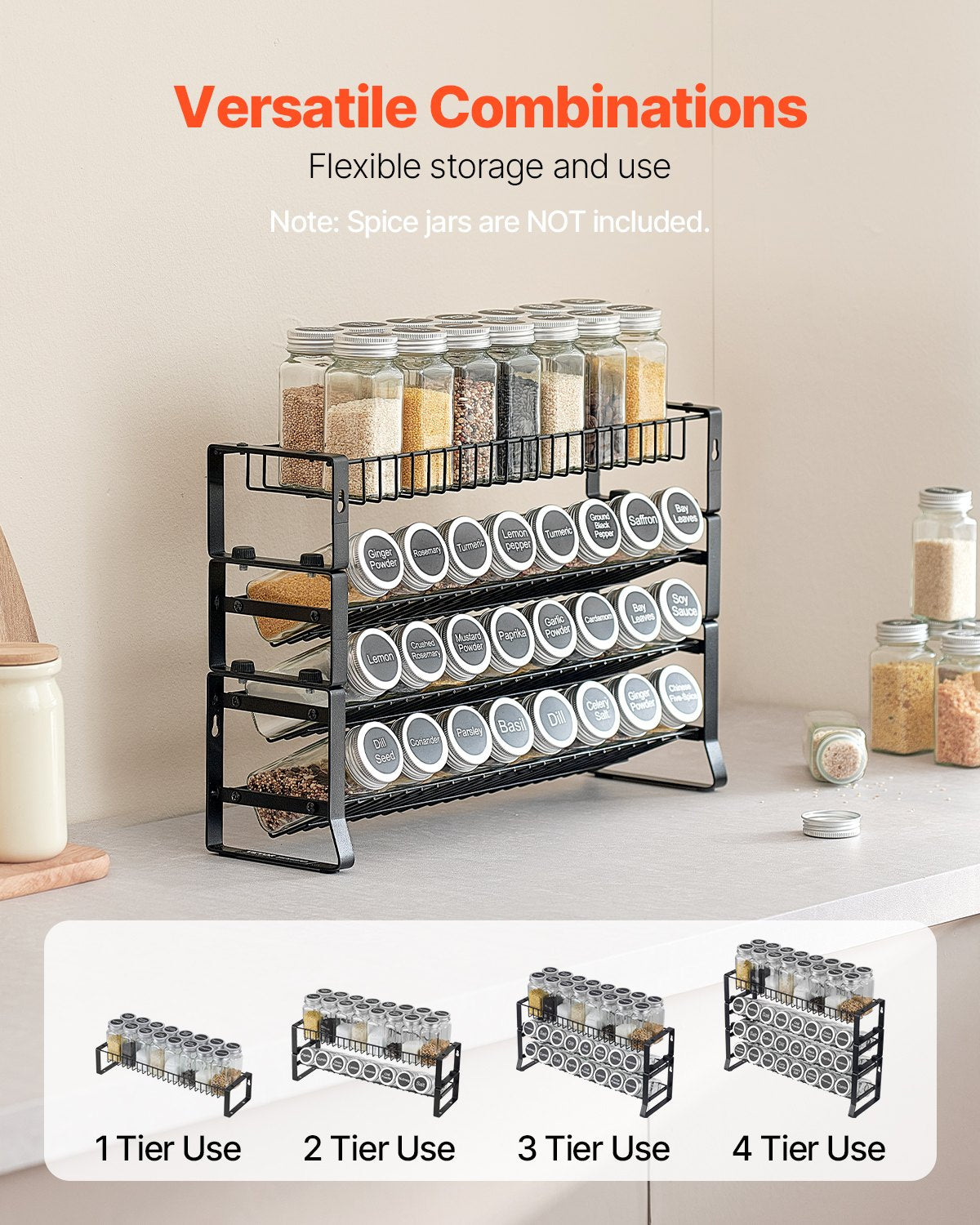 Spice Rack Organizer, Black Metal 4-Tier Wall Mount or Countertop Seasoning Shelf, 18 x 11 In
