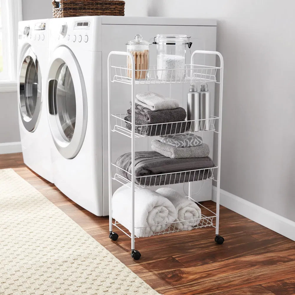 Rolling 4-Tier Metal Storage Cart, White Wire Basket Utility Cart for Laundry Room, Kitchen and Bathroom, 16.5" W