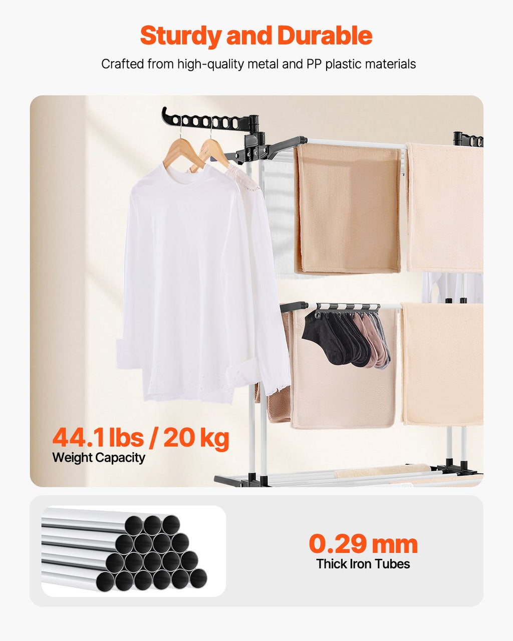 4-Tier Clothes Drying Rack, Foldable Laundry Rack With 24 Drying Rods, 2 Side Wings and 4 Swivel Casters, Metal and Plastic