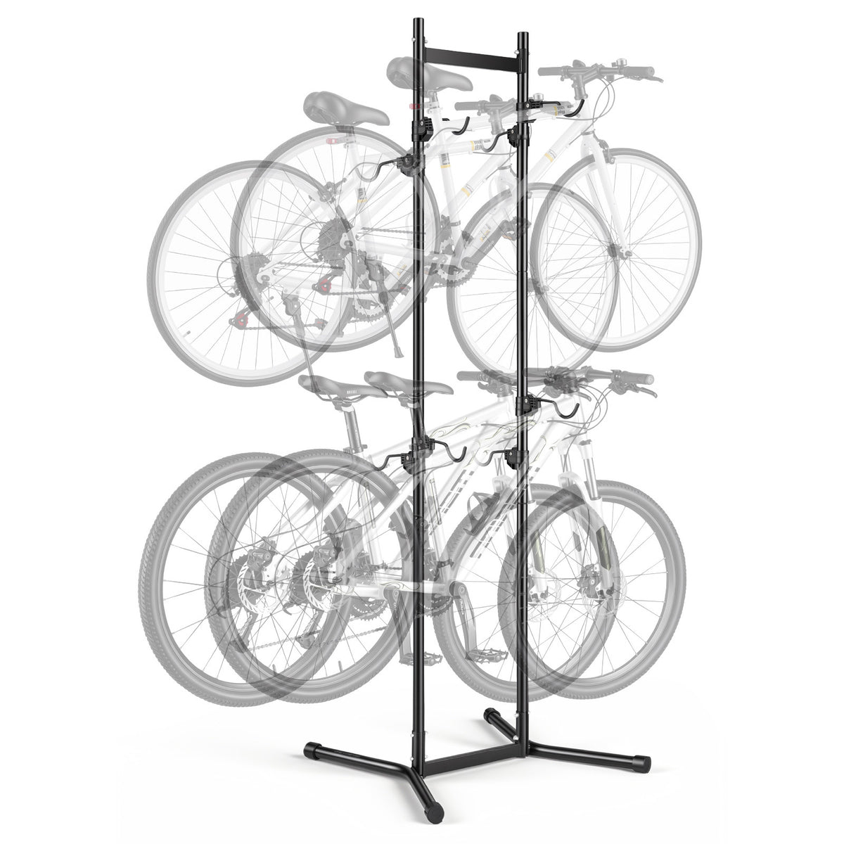 Bike Stand for 4 Bikes, Freestanding Vertical Bike Storage Rack with Height-Adjustable Hooks, Carbon Steel Garage Bicycle Floor Stand, Black