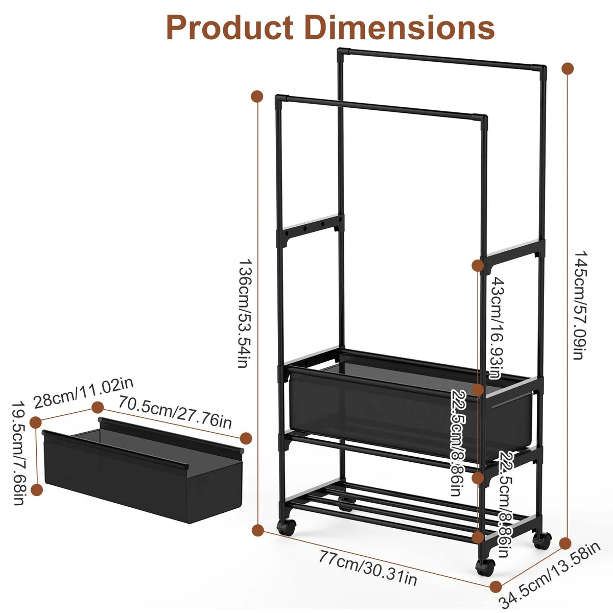 Rolling Garment Rack With Double Hanging Rods, Storage Bag and Shoe Shelf, Black Iron 3-Tier Clothes Rack for Bedroom and Entryway