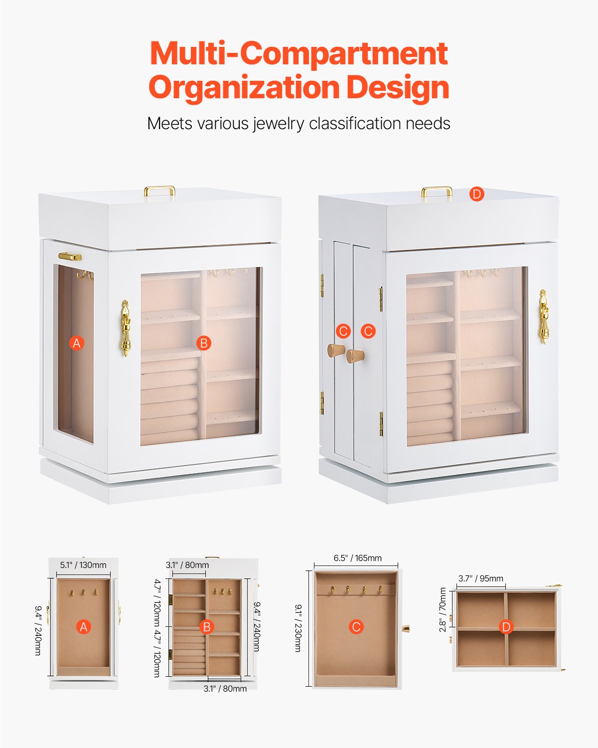 Rotating Jewelry Box Organizer, White MDF Case With Magnetic Doors, Acrylic Windows, 4 Necklace Hooks and Flannel Lining