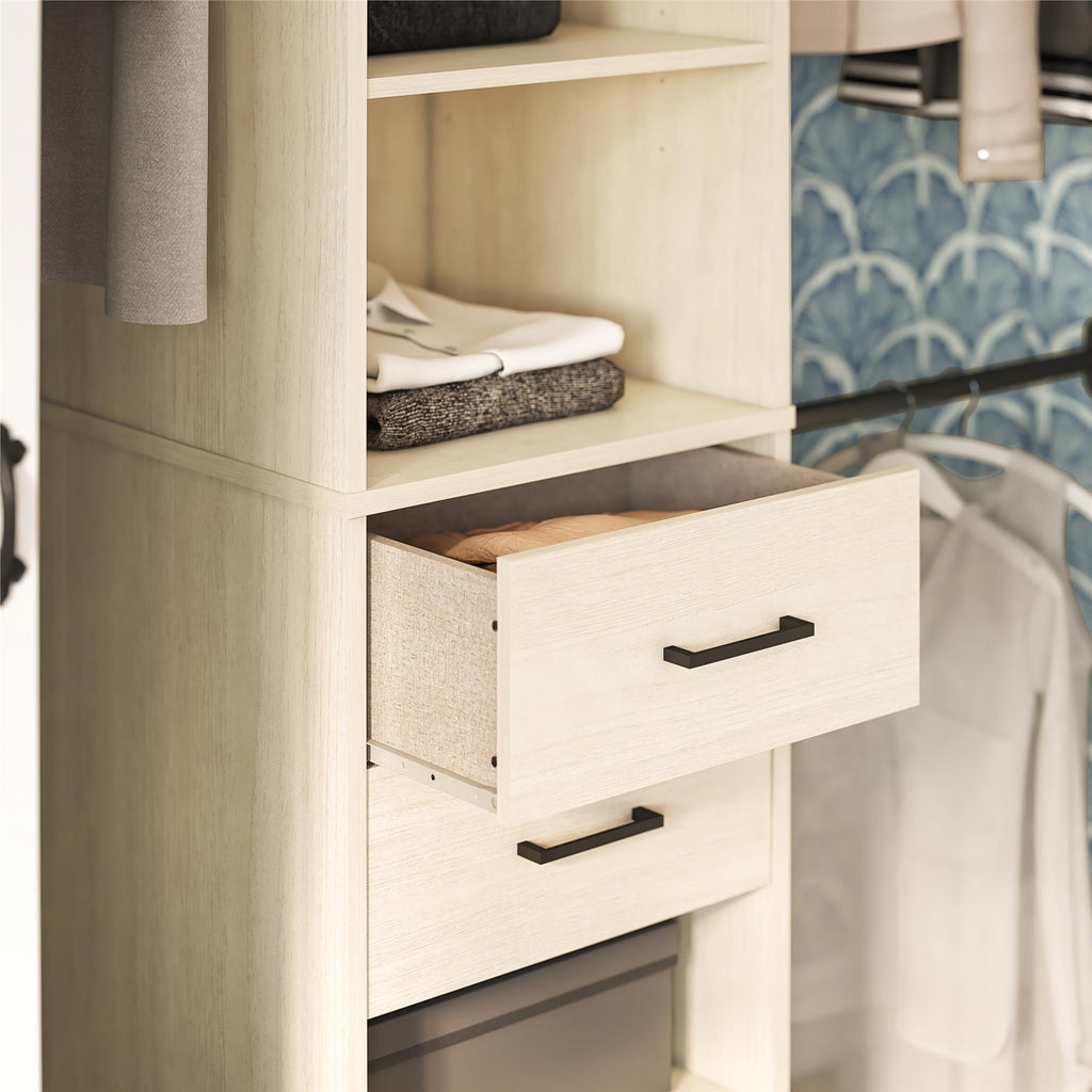 Closet Organizer Tower With 5 Shelves, 2 Drawers and 3 Adjustable Hanging Rods, Ivory Woodgrain