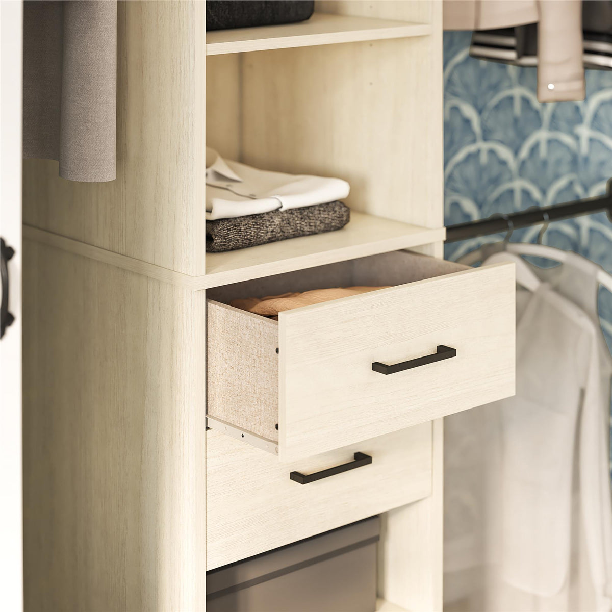 Closet Organizer Tower With 5 Shelves, 2 Drawers and 3 Adjustable Hanging Rods, Ivory Woodgrain