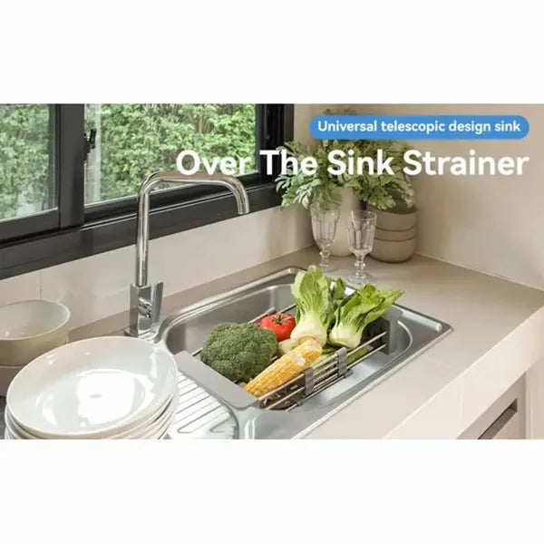 Adjustable Over the Sink Dish Drying Rack, Stainless Steel Expandable Drain Basket for Dishes and Produce