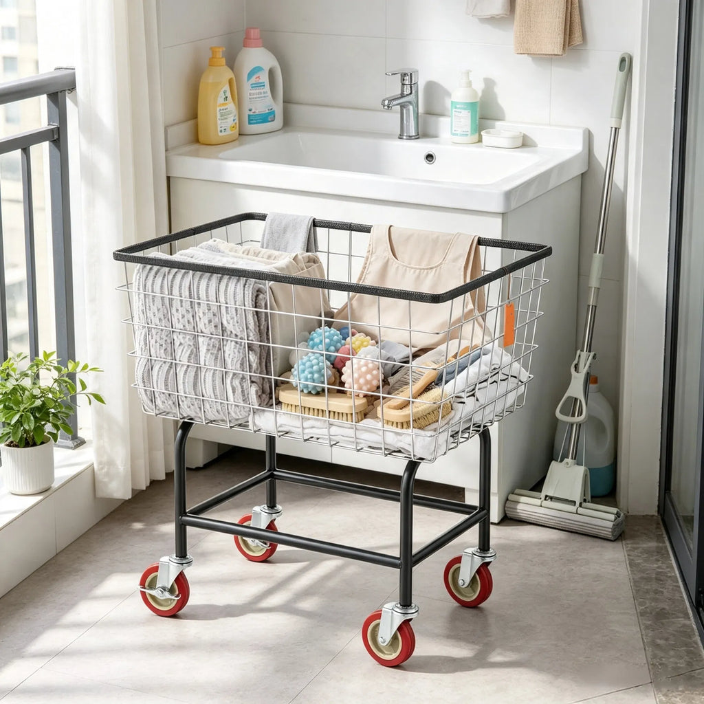 Wire Laundry Cart with Wheels, 2.8 Bushel Rolling Laundry Basket, Steel Frame with 4" Swivel Casters, 26.7" x 21.7" x 26.4"