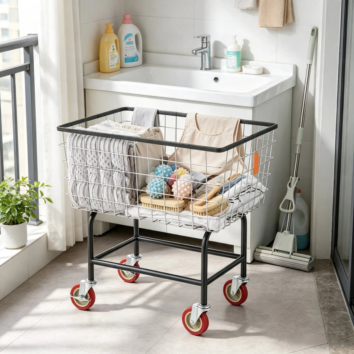 Wire Laundry Cart with Wheels, 2.8 Bushel Rolling Laundry Basket, Steel Frame with 4" Swivel Casters, 26.7" x 21.7" x 26.4"