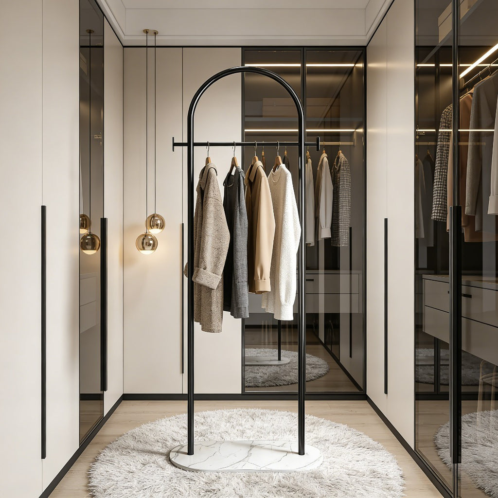 Freestanding Clothes Rack With Marble Base, Metal Garment Rack With 2 Side Hooks for Bedroom and Entryway