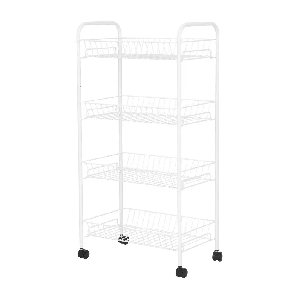 Rolling 4-Tier Metal Storage Cart, White Wire Basket Utility Cart for Laundry Room, Kitchen and Bathroom, 16.5" W