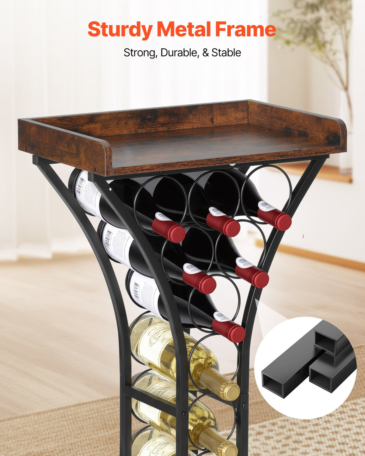 15 Bottle Wine Rack, Freestanding Floor Wine Storage Stand With Wood Top Shelf, Black Metal, For Kitchen, Home Bar, Living Room