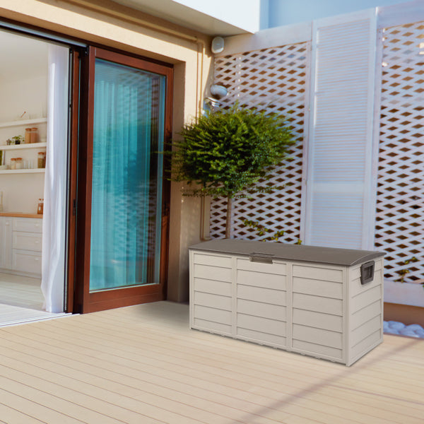 Outdoor Storage Box With Wheels, 75 Gallon Brown Plastic Deck Box for Patio, Garden, and Garage, 44 x 21.3 x 19.3 Inches