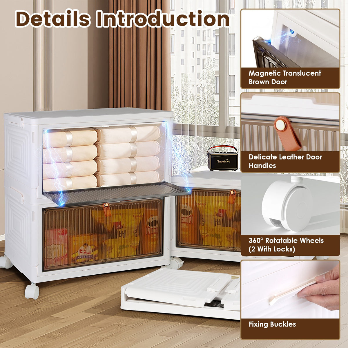 4-Tier Foldable Storage Bins With Magnetic Front Doors and Wheels, Beige Stackable Closet Organizer, 76 or 85.6 Quart