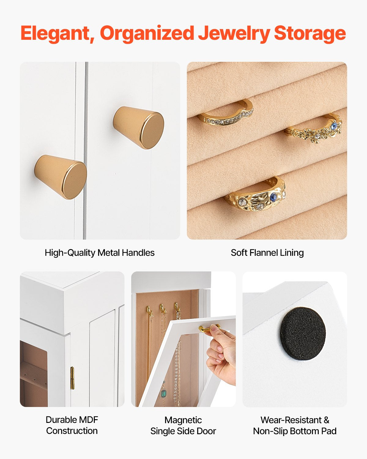 Rotating Jewelry Box Organizer, White MDF Case With Magnetic Doors, Acrylic Windows, 4 Necklace Hooks and Flannel Lining
