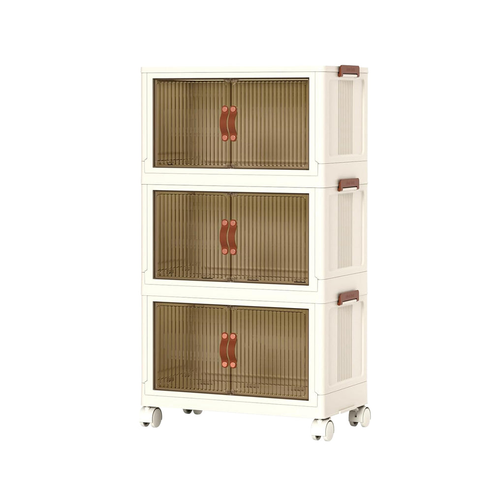 Foldable Storage Bins With Lids and Wheels, Set of 3, Beige Plastic Stackable Cubes With Magnetic Front Doors