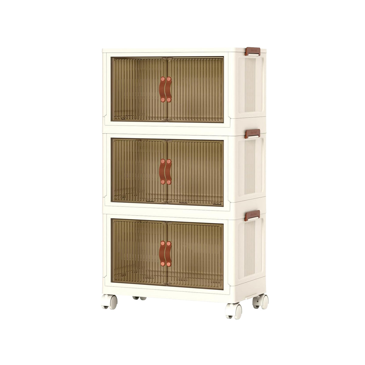 Foldable Storage Bins With Lids and Wheels, Set of 3, Beige Plastic Stackable Cubes With Magnetic Front Doors