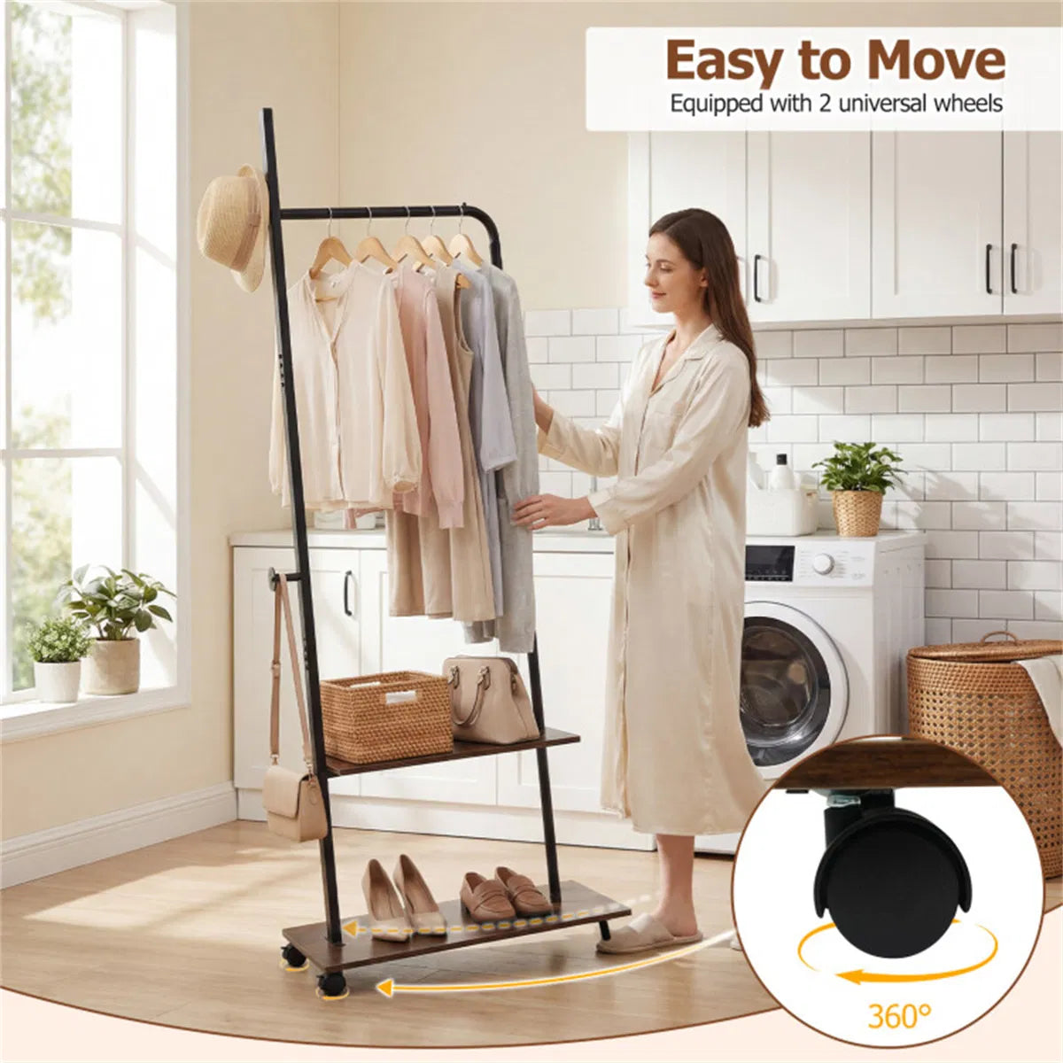 Rolling Clothing Rack with 2 Wooden Shelves and Side Hooks, Freestanding Garment Rack, Rustic Brown and Black, 69 Inch