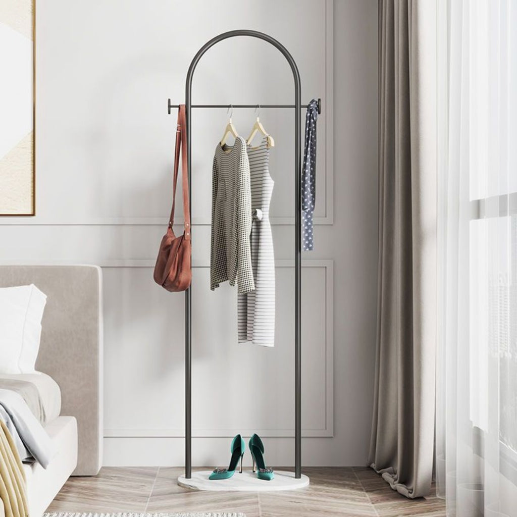 Freestanding Clothes Rack With Marble Base, Metal Garment Rack With 2 Side Hooks for Bedroom and Entryway