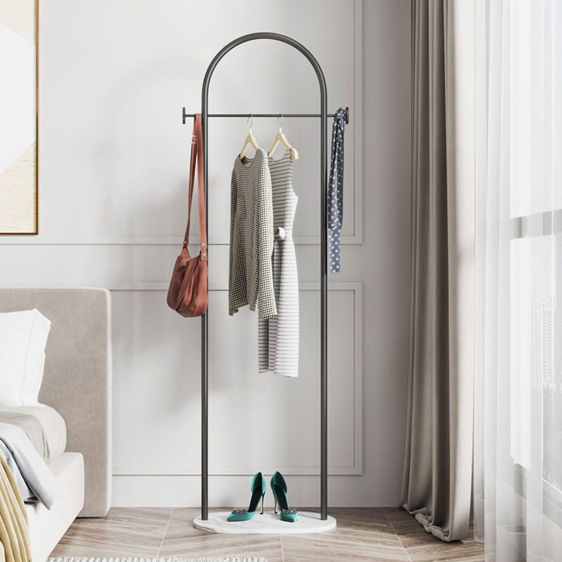 Freestanding Clothes Rack With Marble Base, Metal Garment Rack With 2 Side Hooks for Bedroom and Entryway