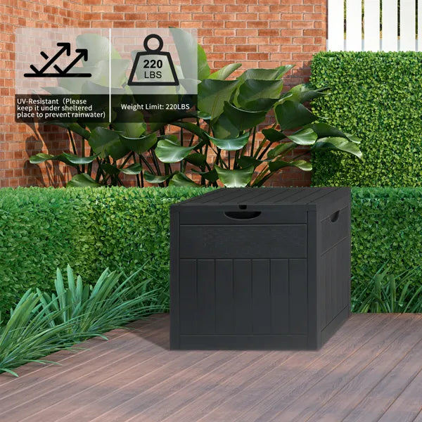 Outdoor Storage Box, 33 Gallon Dark Gray Plastic Deck Box With Wood and Rattan Texture, Clamshell Lid