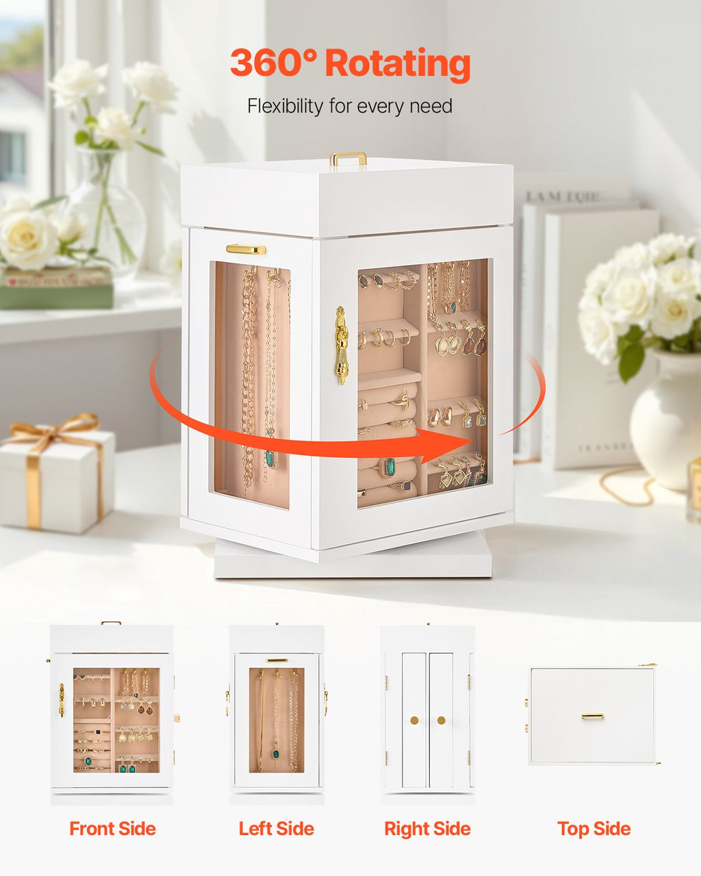 Rotating Jewelry Box Organizer, White MDF Case With Magnetic Doors, Acrylic Windows, 4 Necklace Hooks and Flannel Lining