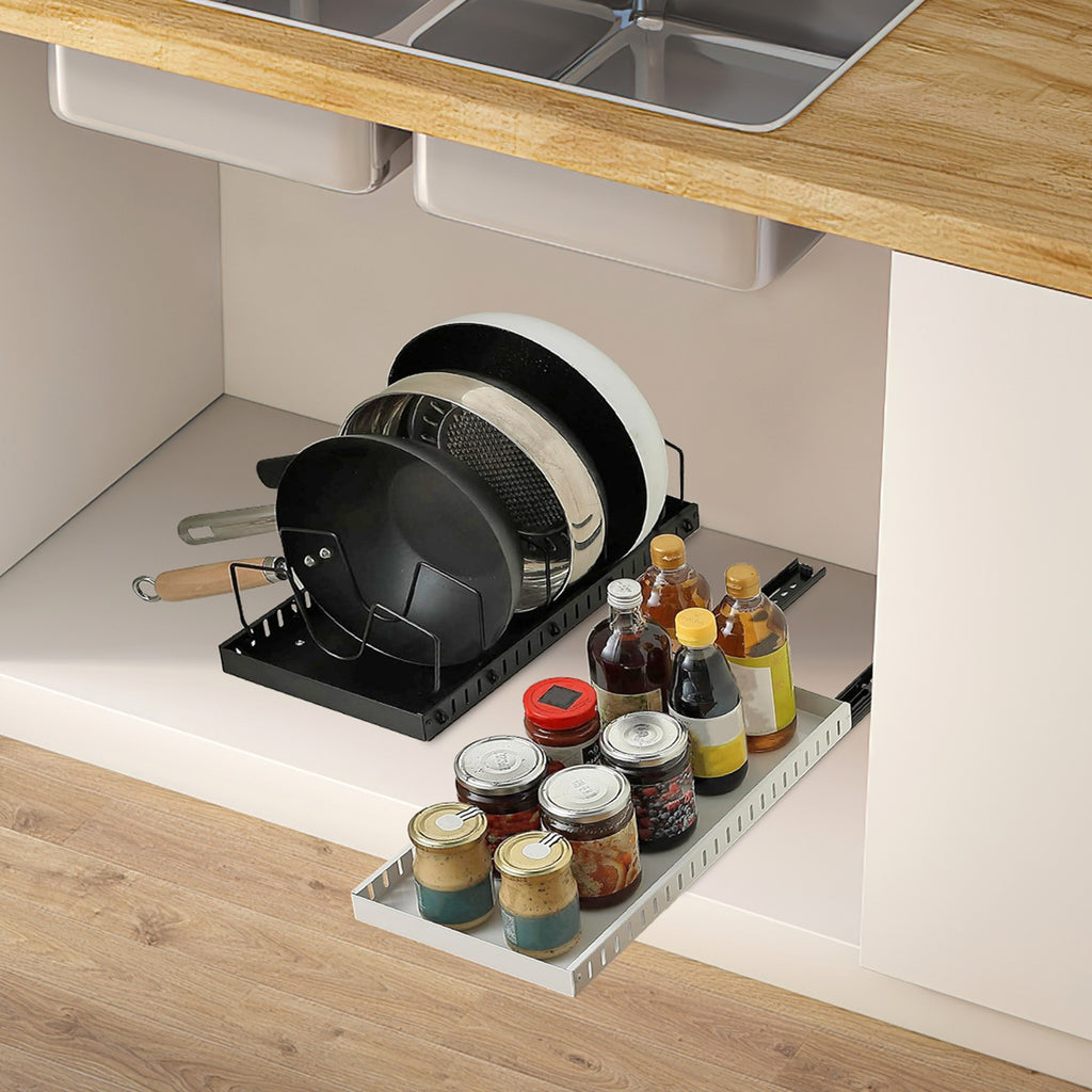 Pull Out Pots and Pans Organizer for Under Cabinet, 8 Adjustable Dividers, Carbon Steel Sliding Cookware and Lid Rack, Black or White
