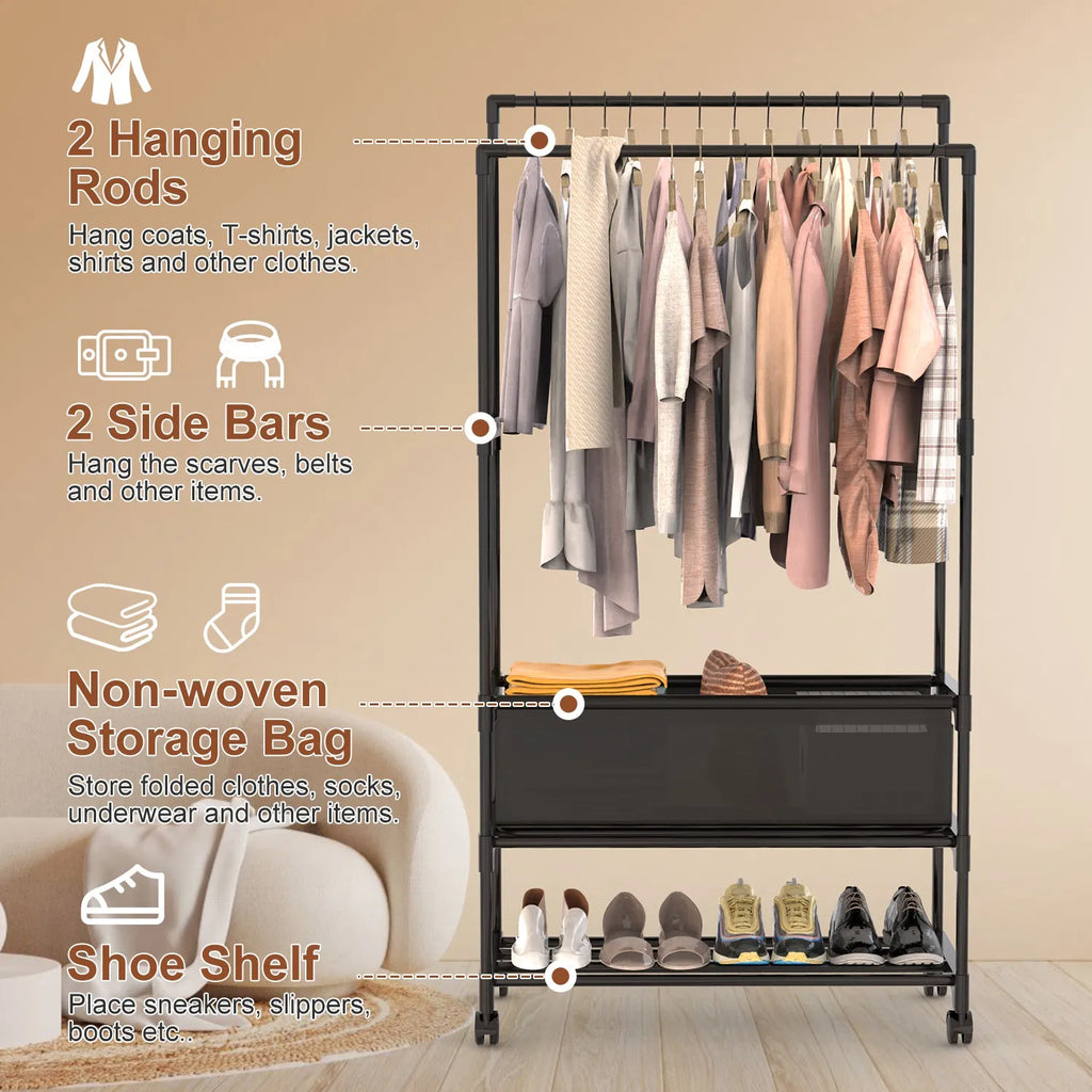 Rolling Garment Rack With Double Hanging Rods, Storage Bag and Shoe Shelf, Black Iron 3-Tier Clothes Rack for Bedroom and Entryway