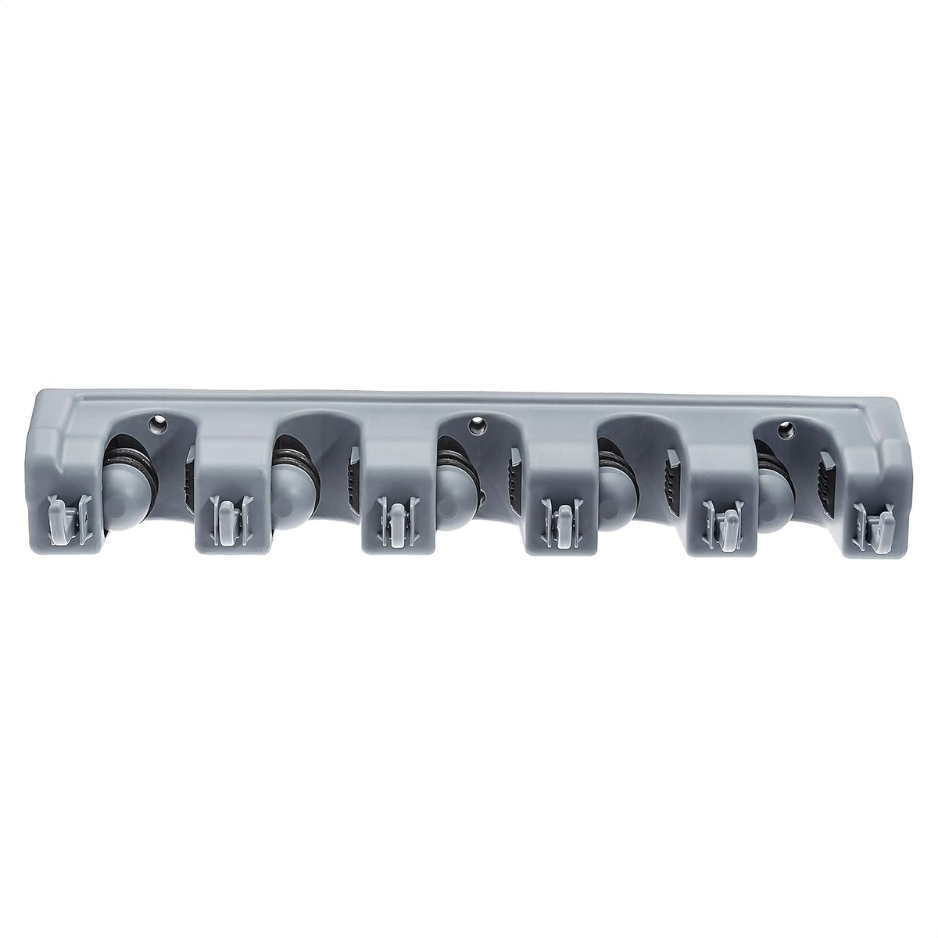 Wall Mount Broom and Mop Holder, Gray Plastic Tool Organizer With Slots and Hooks for Garage, Laundry, or Kitchen