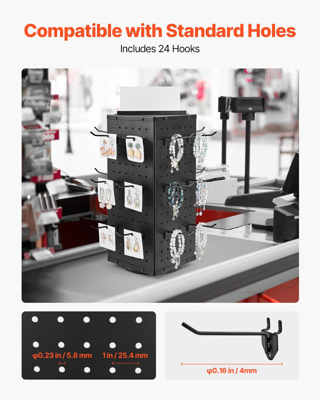 Rotating Pegboard Display Stand, 4-Sided Spinning Peg Board Organizer With 24 Hooks, Black Cold-Rolled Steel, 7.4 x 7.4 x 17 In