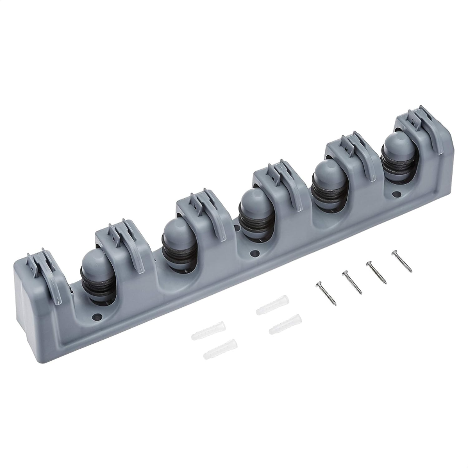 Wall Mount Broom and Mop Holder, Gray Plastic Tool Organizer With Slots and Hooks for Garage, Laundry, or Kitchen
