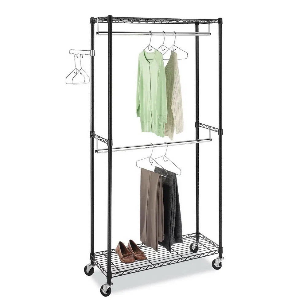 Rolling Garment Rack With Double Hanging Rails, Black Carbon Steel Closet Organizer With Wire Shelves and Locking Wheels, 35.4" x 17.7" x 70.9"