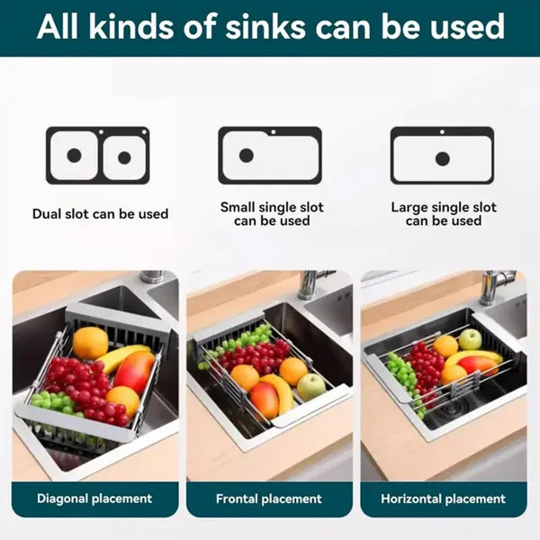 Adjustable Over the Sink Dish Drying Rack, Stainless Steel Expandable Drain Basket for Dishes and Produce