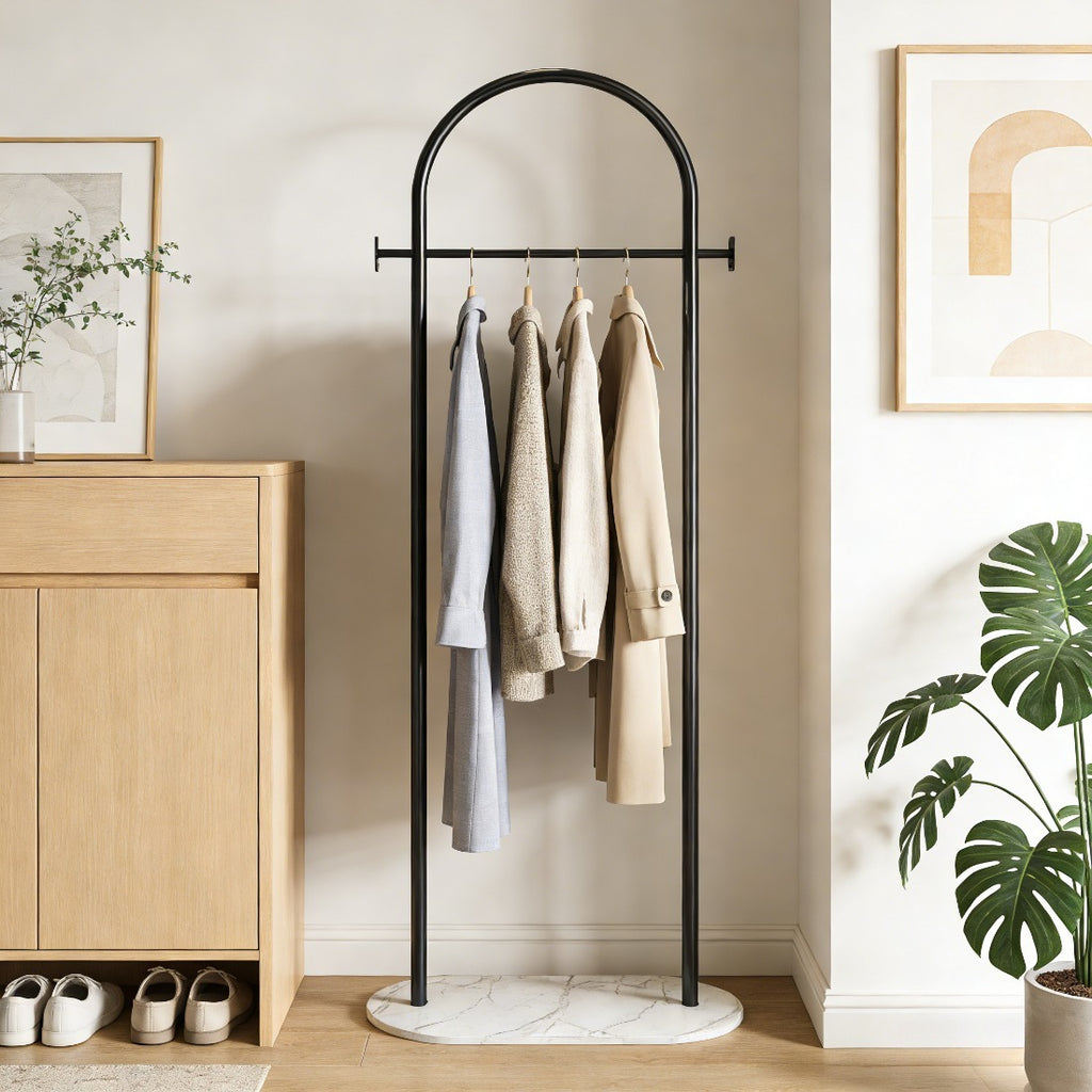 Freestanding Clothes Rack With Marble Base, Metal Garment Rack With 2 Side Hooks for Bedroom and Entryway