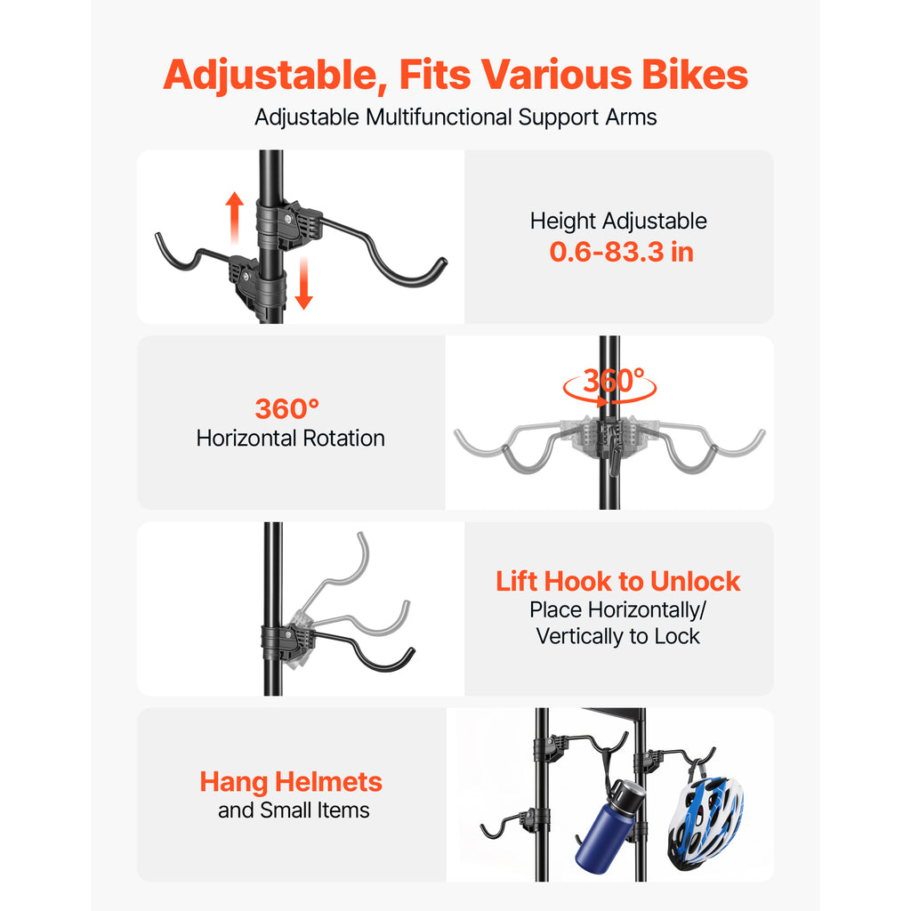 Bike Stand for 4 Bikes, Freestanding Vertical Bike Storage Rack with Height-Adjustable Hooks, Carbon Steel Garage Bicycle Floor Stand, Black