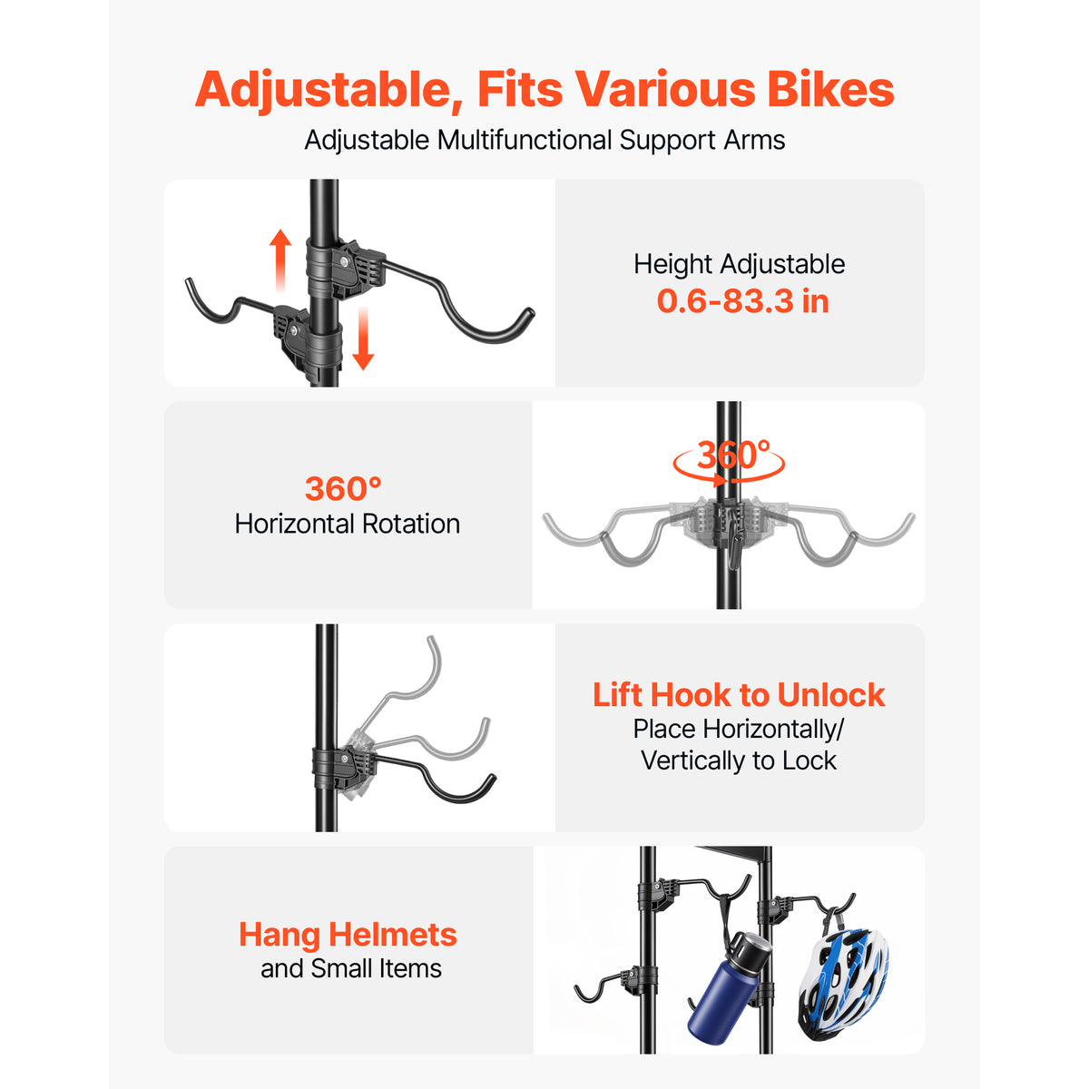 Bike Stand for 4 Bikes, Freestanding Vertical Bike Storage Rack with Height-Adjustable Hooks, Carbon Steel Garage Bicycle Floor Stand, Black