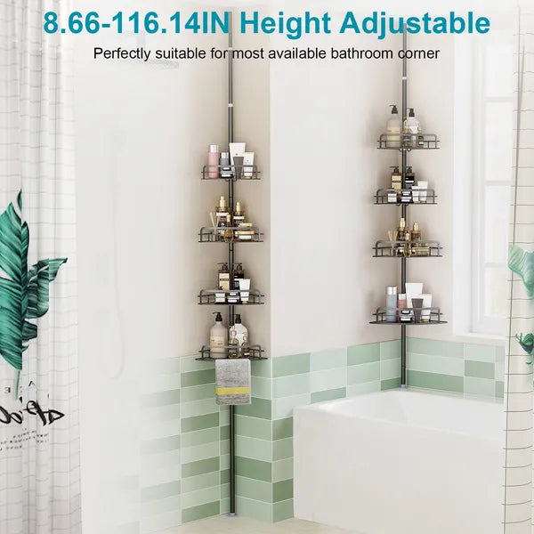 Corner Shower Caddy With Tension Pole, 4 Adjustable Shelves, Towel Bar and 2 Hooks, Black, 8.66-116.14 In