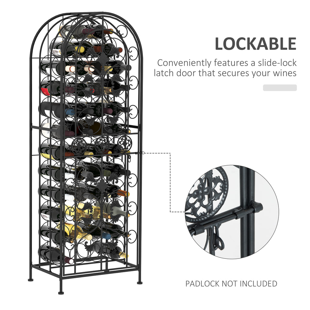 45-Bottle Wine Rack with Locking Door, Black Wrought Iron Freestanding Wine Storage Cabinet for Kitchen, Bar or Dining Room